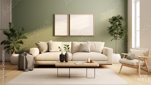 Serene living room sanctuary, bathed in soft sunlight highlighting a calming cream sofa and lush greenery, creating a peaceful atmosphere.