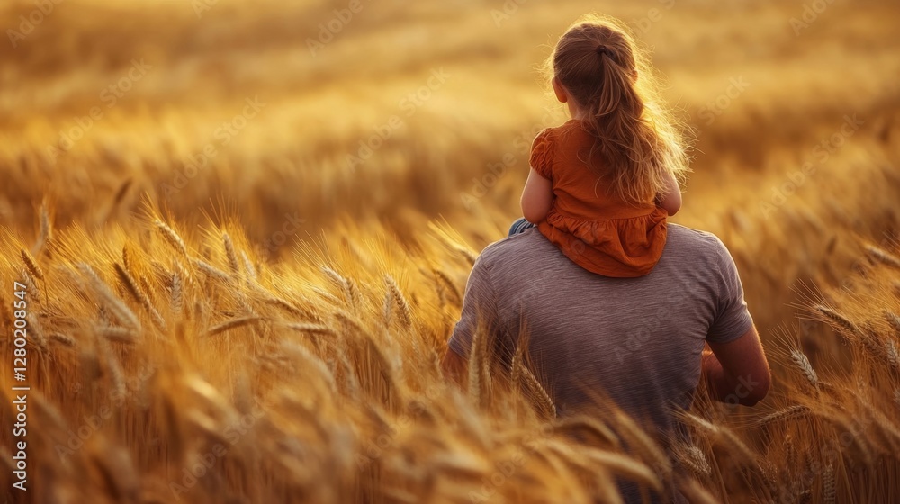 Father with Daughter in Golden Field at Sunset Radiating Love Father with Daughter in Golden Field at Sunset Radiating Love