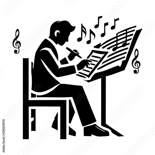Silhouette of a Composer Writing Musical Notes