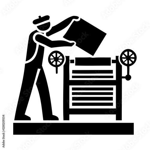 Silhouette of Printmaker Using Printing Press