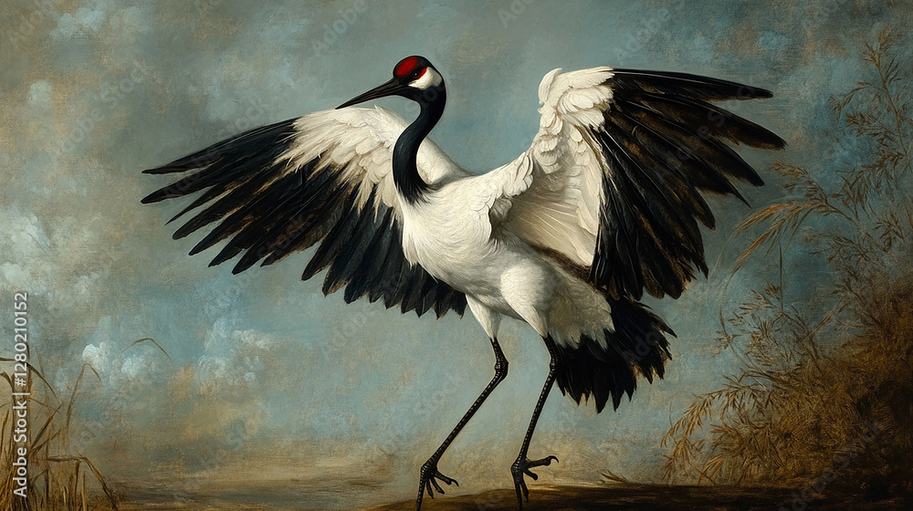 Fototapeta premium Painting of a white and black red-crowned crane,