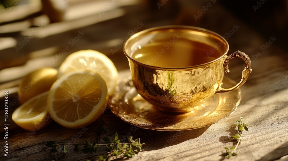 Golden Cup Brimming with Lemon Honey Tea on Rustic Wooden Surface Golden Cup Brimming with Lemon Honey Tea on Rustic Wooden Surface