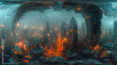 Futuristic Equirectangular HDRI Cityscape with Glowing Skyscrapers and Dramatic Lighting for Immersive Environments