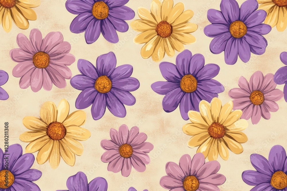 custom made wallpaper toronto digitalColorful floral pattern featuring yellow and purple daisies on a soft beige background, perfect for spring themed designs and cheerful projects