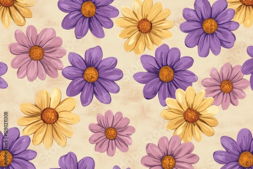 Wallpaper Mural Colorful floral pattern featuring yellow and purple daisies on a soft beige background, perfect for spring themed designs and cheerful projects Torontodigital.ca
