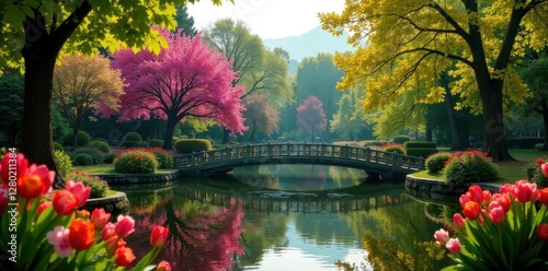 Iconic Bethesda Terrace, vibrant spring flowers, central park, manhattan