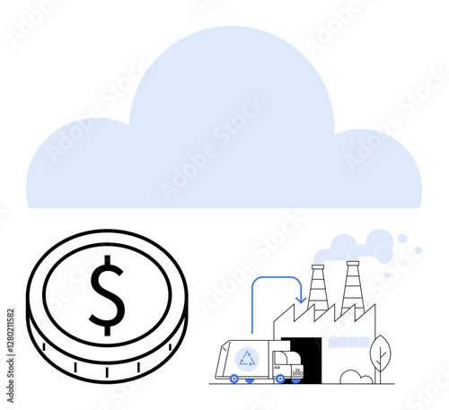 Coin symbolizing cost, recycling truck unloading at factory, large cloud overhead. Ideal for sustainability, recycling, cost management, industrial efficiency, cloud technology, eco-friendly