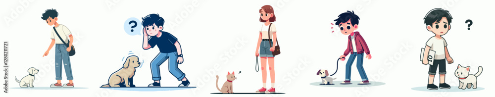 vector of a teenager looking for their missing pet with a worried expression, simple and minimalist flat design style vector of a teenager looking for their missing pet with a worried expression, simple and minimalist flat design style