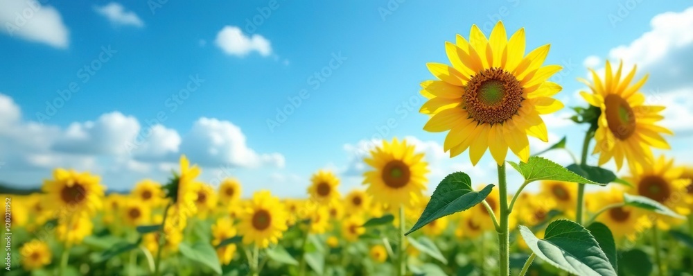 Sunflowers sway gently in the breeze under clear blue skies, field, wind, blooming flowers Sunflowers sway gently in the breeze under clear blue skies, field, wind, blooming flowers