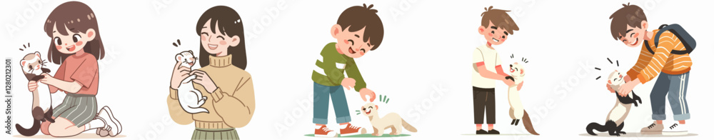 vector of a teenager tickling their ferret with a giggling expression, simple and minimalist flat design style vector of a teenager tickling their ferret with a giggling expression, simple and minimalist flat design style