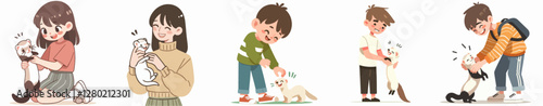 vector of a teenager tickling their ferret with a giggling expression, simple and minimalist flat design style