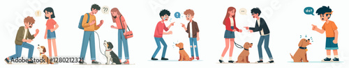 vector of a teenager trying to teach their dog a new command with a frustrated expression, simple and minimalist flat design style