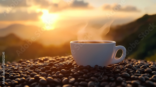 A Cup of Coffee with Sunrise Over Mountains