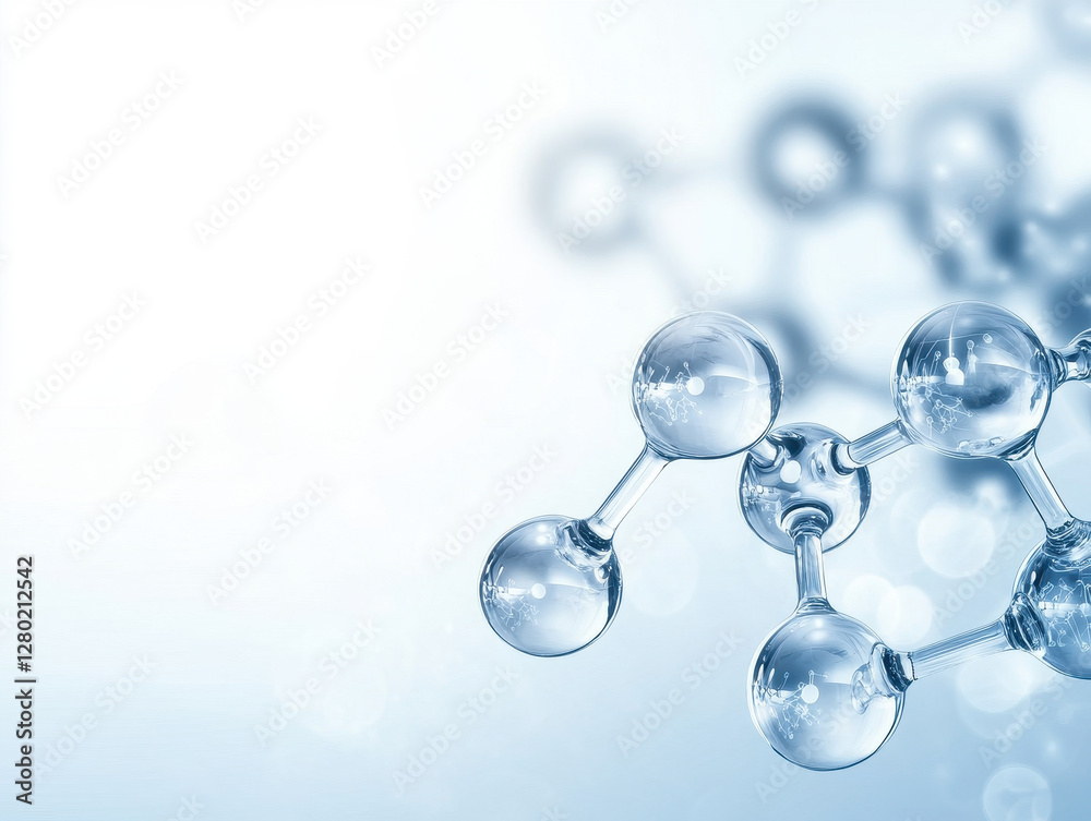 Molecular structure with transparent spheres on soft blue background, symbolizing scientific research and innovation Molecular structure with transparent spheres on soft blue background, symbolizing scientific research and innovation