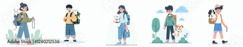 vector of a teenager carrying their pet in a backpack with a proud expression, simple and minimalist flat design style