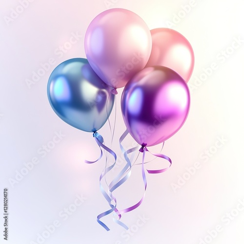 3D Realistic Pastel Balloons and Ribbons Illustration, Clipart Isolated on White Background with Lens Flare Light and Soft Gradient Color, High-Resolution Artistic Stock Photo for Festive 