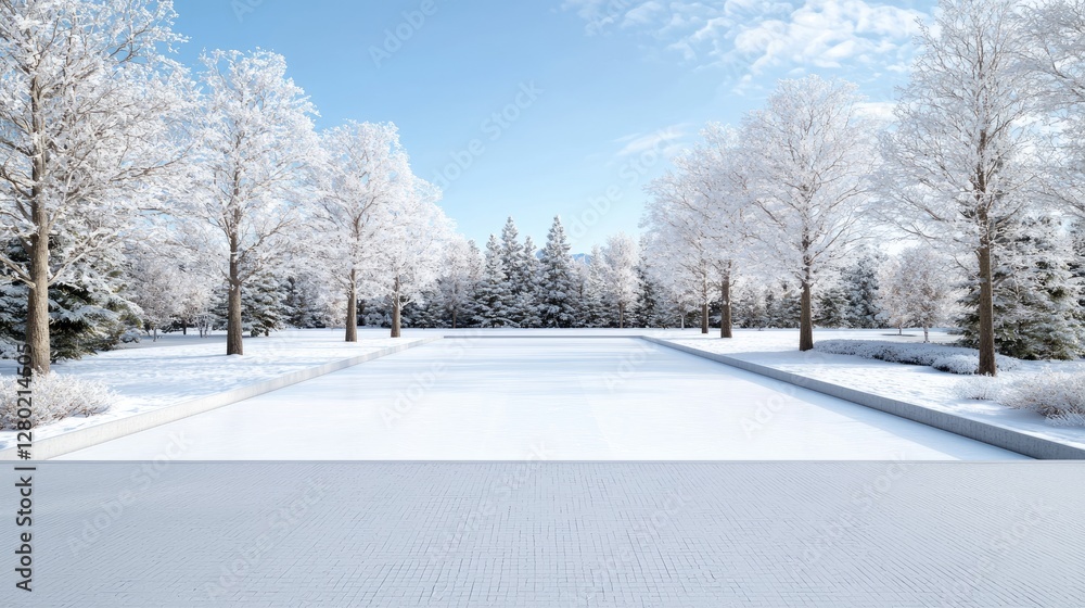 Winter wonderland park, snow-covered trees, frozen lake, sunny day, scenic background, ideal for winter travel brochures Winter wonderland park, snow-covered trees, frozen lake, sunny day, scenic background, ideal for winter travel brochures