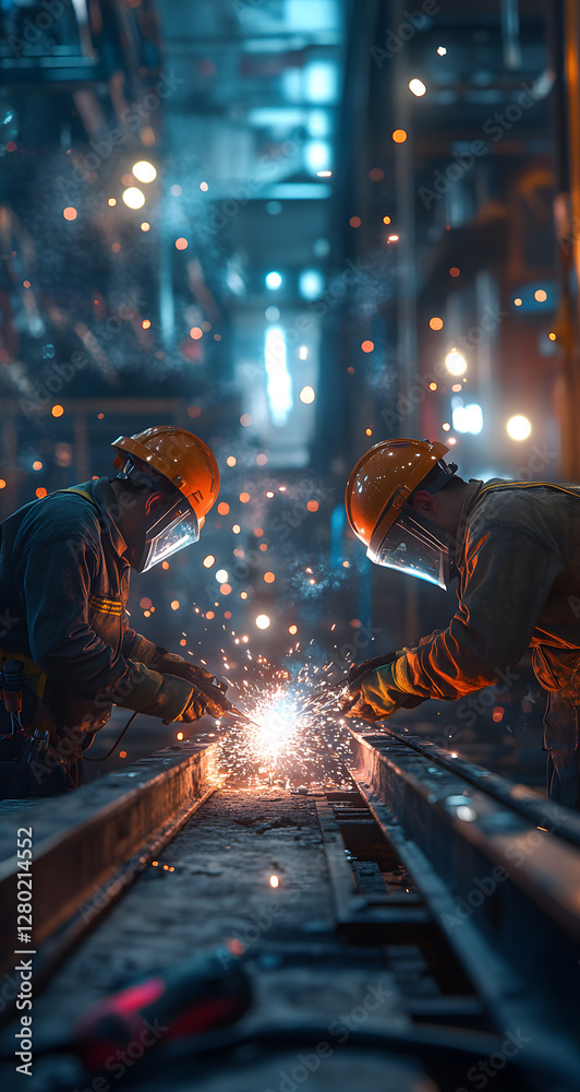 A finely crafted shot of two workers welding steel A finely crafted shot of two workers welding steel