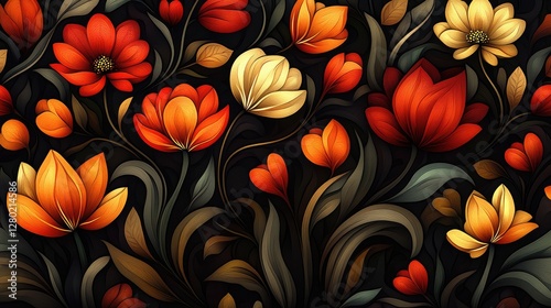 Decorative floral pattern, dark background, vibrant colors, seamless design, for wallpaper or fabric