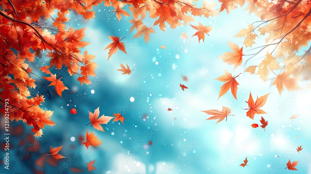 Autumn leaves falling in the wind, colorful sky background, artistic design, nature, beautiful scene, perfect for wallpaper or screensaver Autumn leaves falling in the wind, colorful sky background, artistic design, nature, beautiful scene, perfect for wallpaper or screensaver