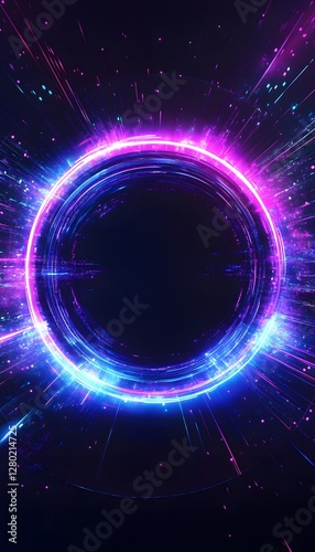 A glowing neon colored circle in a dark space