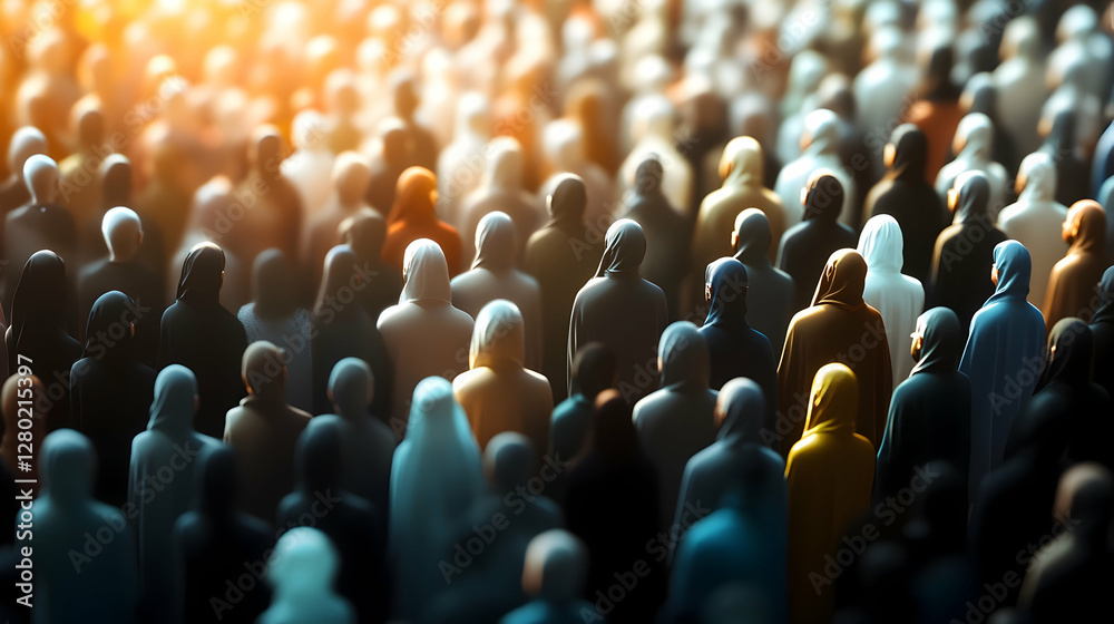 Obraz premium Muslim worshipers praying. Large crowd of Muslim people praying namaz.