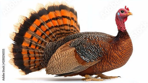 Colorful turkey hen with vibrant plumage isolated on white background. photo