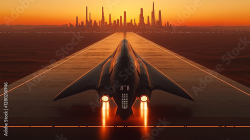 A streamlined, futuristic jet speeds down the tarmac, with a city skyline fading into the distance, bathed in golden hour light.