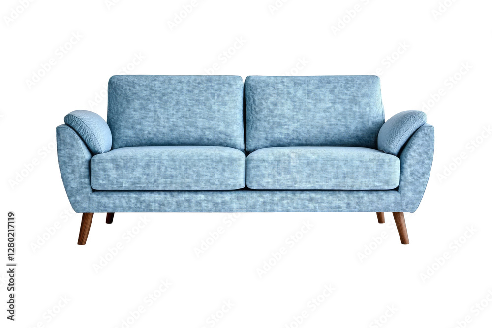 Fototapeta premium Light blue upholstered sofa with wooden legs isolated on transparent background (PNG)