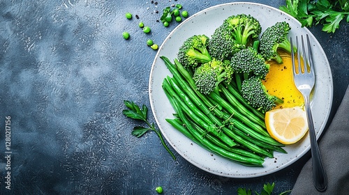 Healthy Green Vegetable Meal Broccoli Green Beans and Lemon Dressing