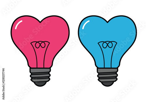 Heart light bulb clipart. Two heart-shaped light bulbs, one pink and one blue. Vector illustration design.