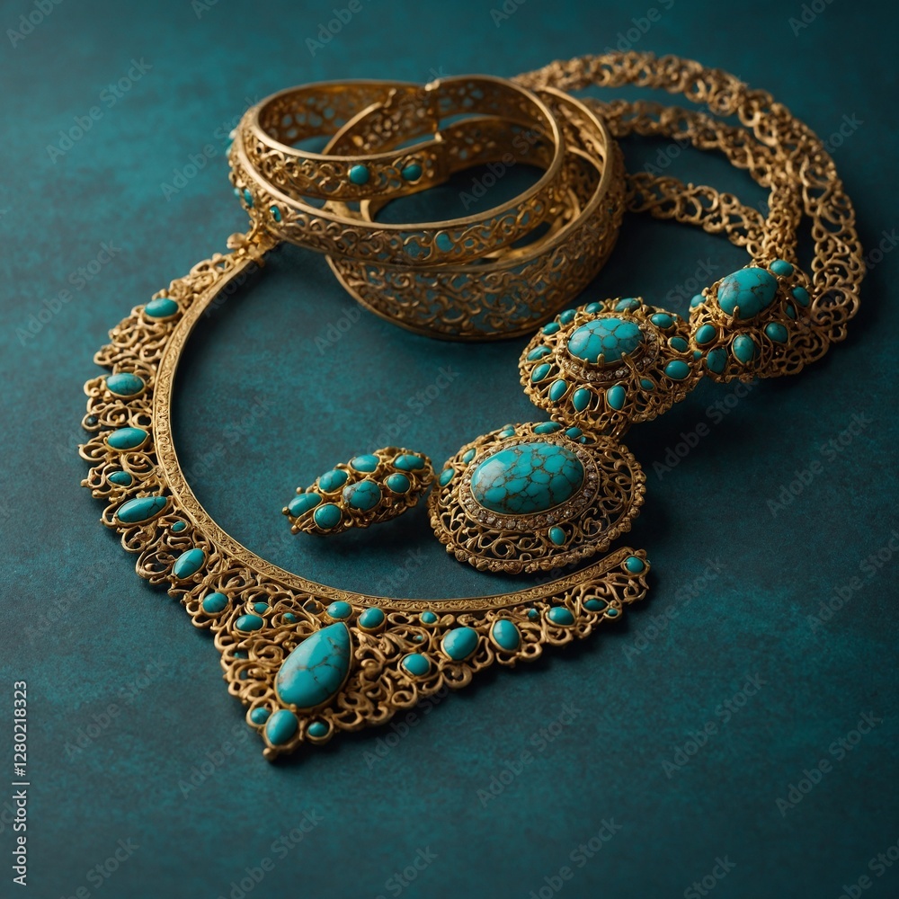 A beautifully arranged traditional Persian jewelry set with turquoise and gold filigree, elegantly displayed on a pure background. A beautifully arranged traditional Persian jewelry set with turquoise and gold filigree, elegantly displayed on a pure background.