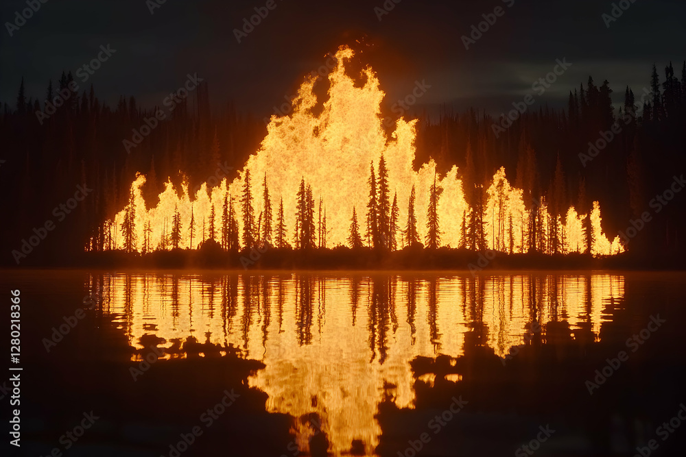 Fototapeta premium Fiery spectacle of a forest fire engulfing trees by a lake at night, reflected in the still water. A dramatic, surreal scene.