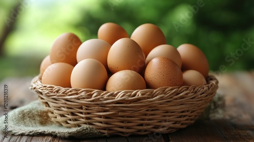 A Basket of Fresh Brown Eggs on Wooden Table