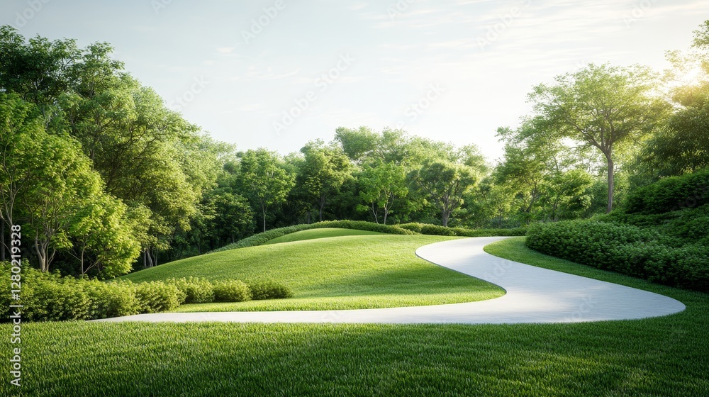 Serene Landscape with Curved Pathway Through Lush Green Hills Serene Landscape with Curved Pathway Through Lush Green Hills