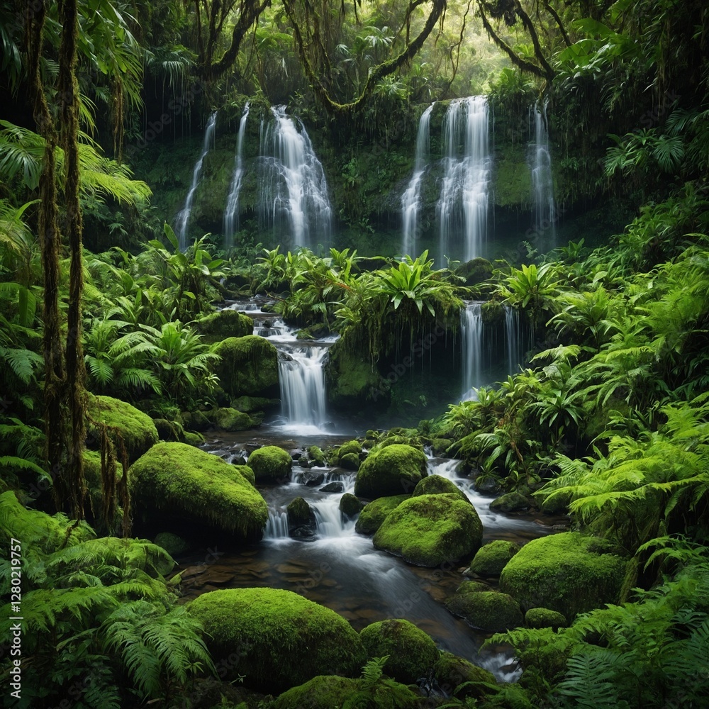 A lush tropical rainforest with waterfalls cascading down moss-covered rocks, surrounded by vibrant green foliage. A lush tropical rainforest with waterfalls cascading down moss-covered rocks, surrounded by vibrant green foliage.
