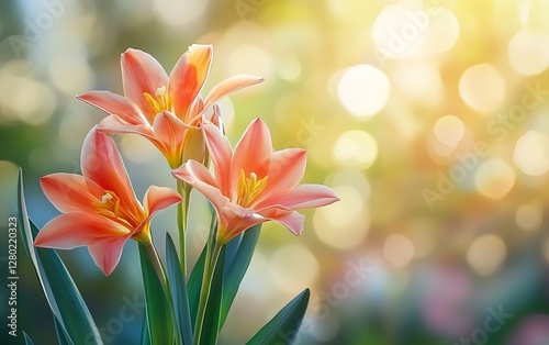 Beautiful orange tulips in sunlight, blurred garden background, springtime nature