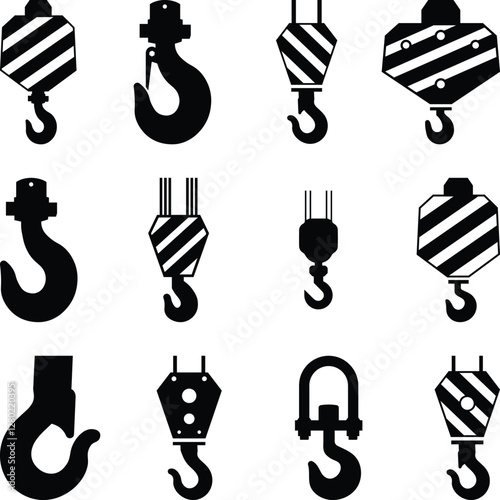 Crane Hooks Set Silhouette, Crane and Hook Icons Illustration