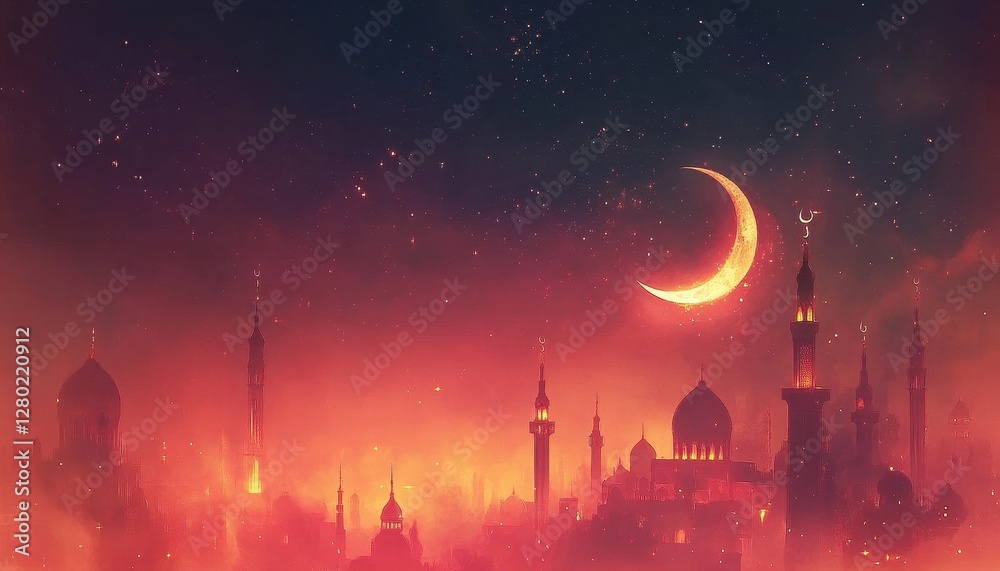 Fototapeta premium Red And Orange Night Cityscape With Crescent Moon And Stars