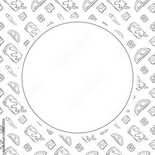 artist tool frame. doodle art supplies circle frame. hand drawn artist kit background