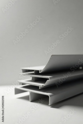 Stack of Modern Light Gray Industrial Extruded Shapes for Construction and Manufacturing