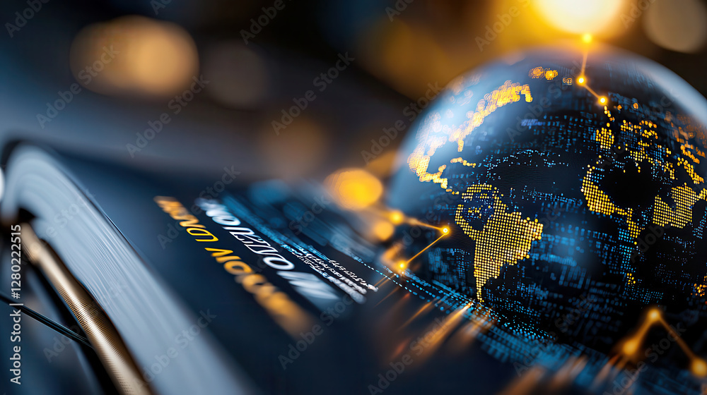 Fototapeta premium futuristic digital globe with glowing network connections rests on open book, symbolizing intersection of technology and knowledge in modern world