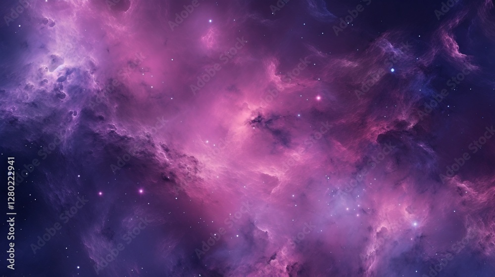 Naklejka premium A breathtaking cosmic nebula swirls in vibrant shades of purple and pink, a celestial dance of stardust and ethereal light, creating a dreamy, otherworldly landscape.