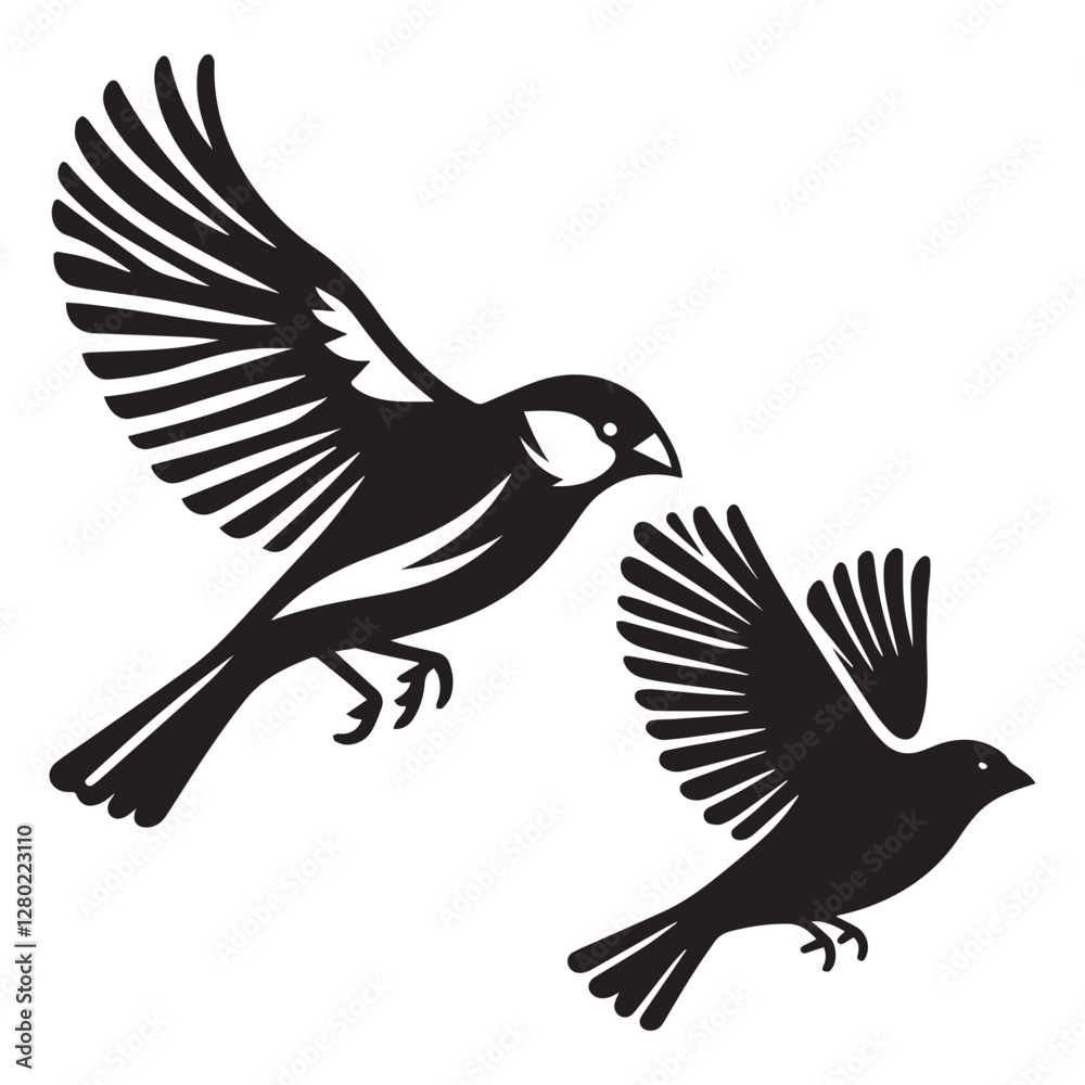 Naklejka premium A minimalist, beautiful linocut illustration of a flying Grosbeak bird in silhouette. This black vector artwork captures the elegant form and graceful movement of the bird.