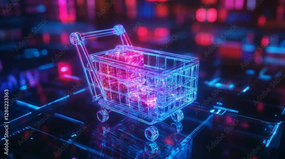 Glowing Holographic Shopping Cart in Digital Shopping Environment Glowing Holographic Shopping Cart in Digital Shopping Environment