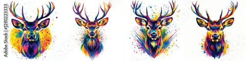 Four Colorful Deer Head Illustrations in Watercolor Style Splash with Artistic Detail and Vibrant Hues photo