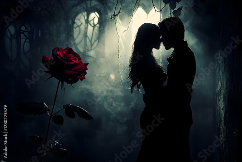Silhouette of a loving couple embracing in a gothic romantic atmosphere