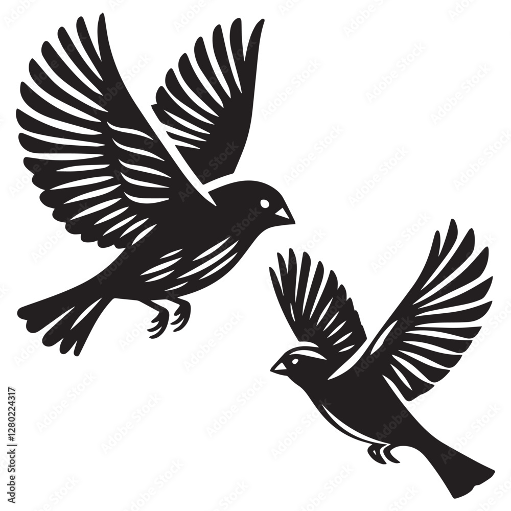 Naklejka premium A minimalist, beautiful linocut illustration of a flying Grosbeak bird in silhouette. This black vector artwork captures the elegant form and graceful movement of the bird.