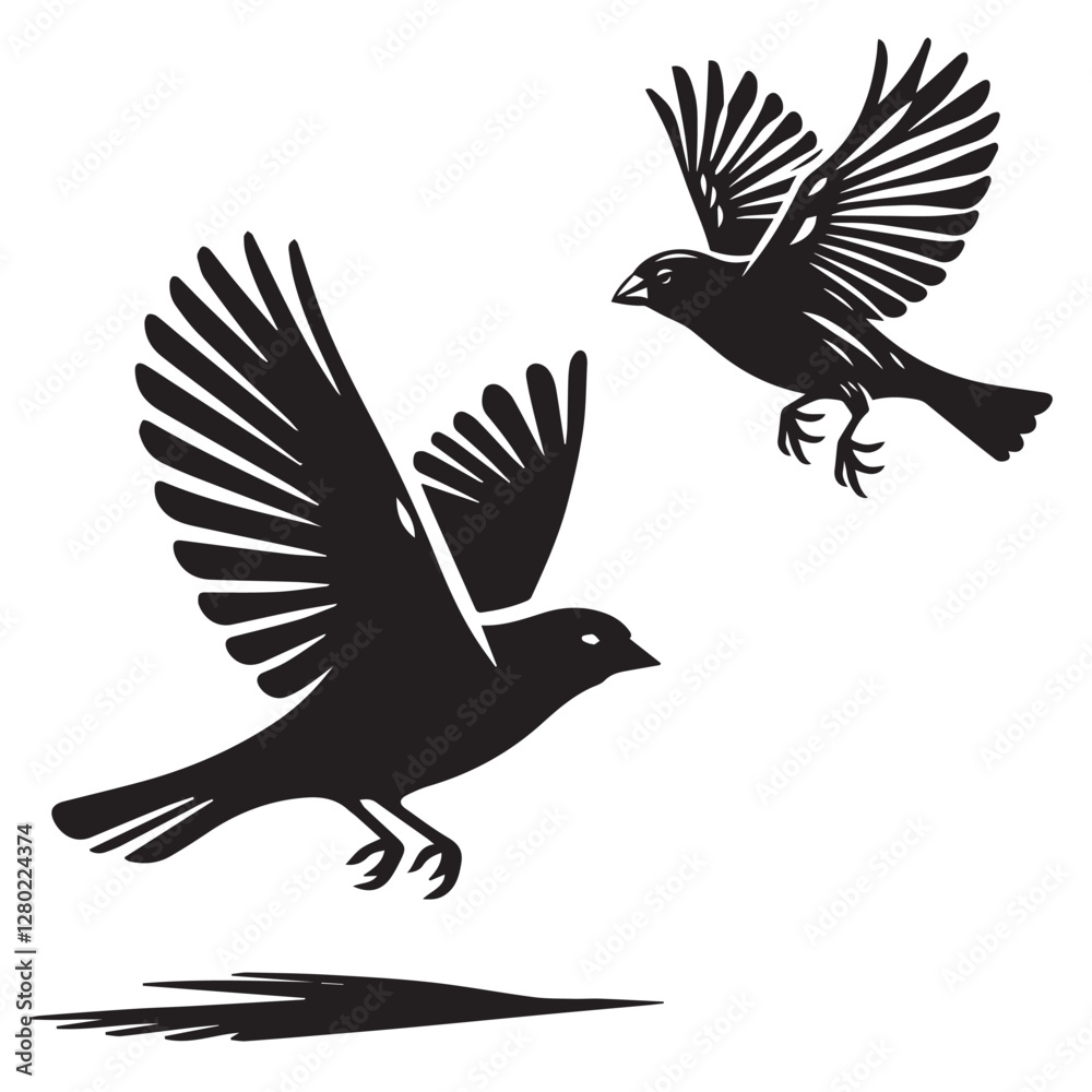Obraz premium A minimalist, beautiful linocut illustration of a flying Grosbeak bird in silhouette. This black vector artwork captures the elegant form and graceful movement of the bird.