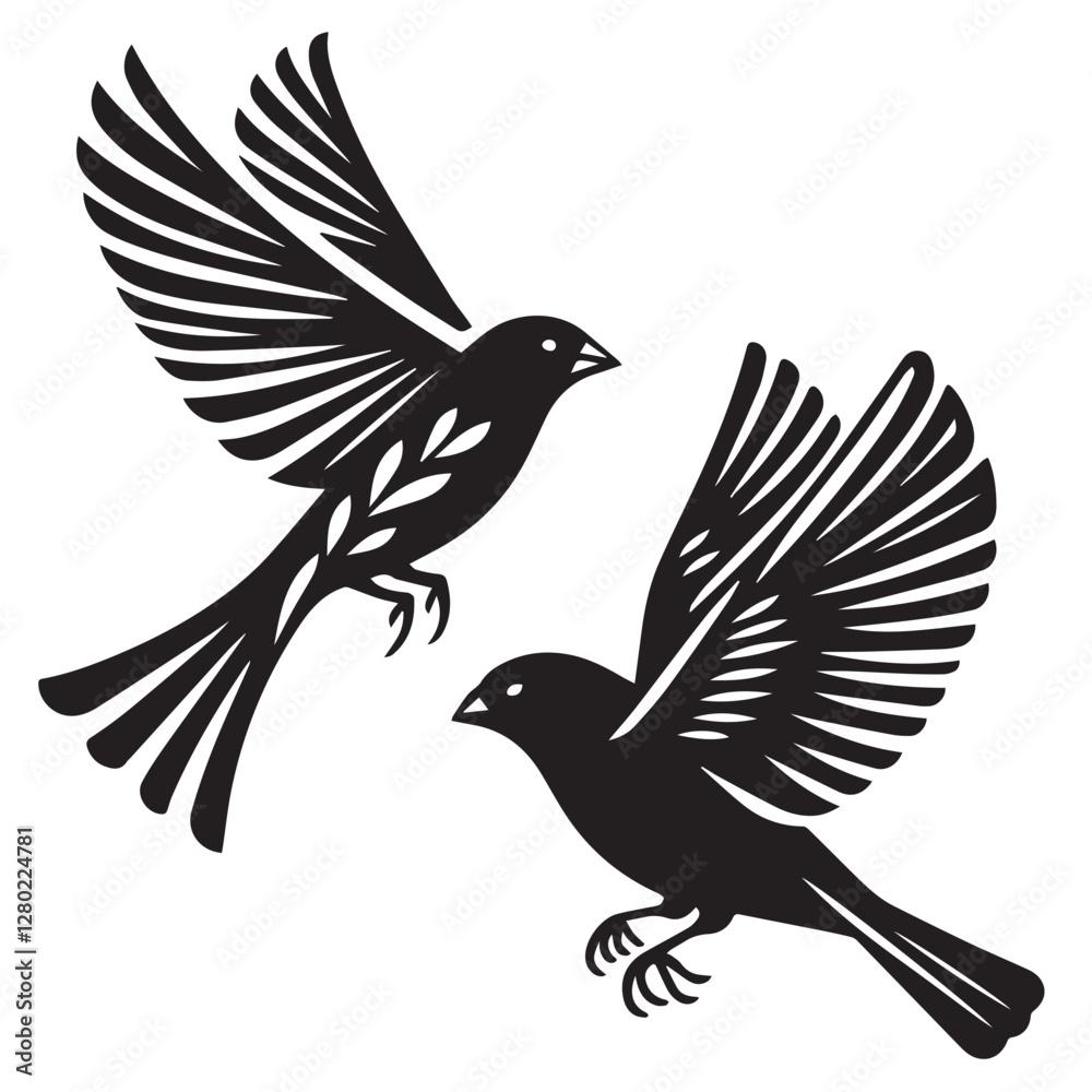 Obraz premium A minimalist, beautiful linocut illustration of a flying Grosbeak bird in silhouette. This black vector artwork captures the elegant form and graceful movement of the bird.